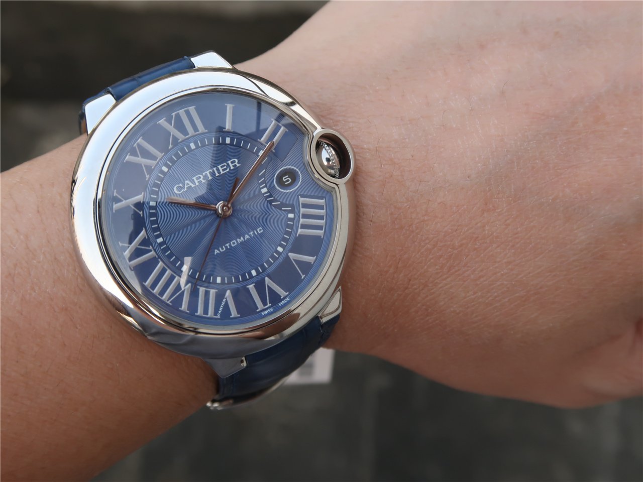 CARTIER BALLON BLEU 42 BLUE DIAL LEATHER BRACELET
