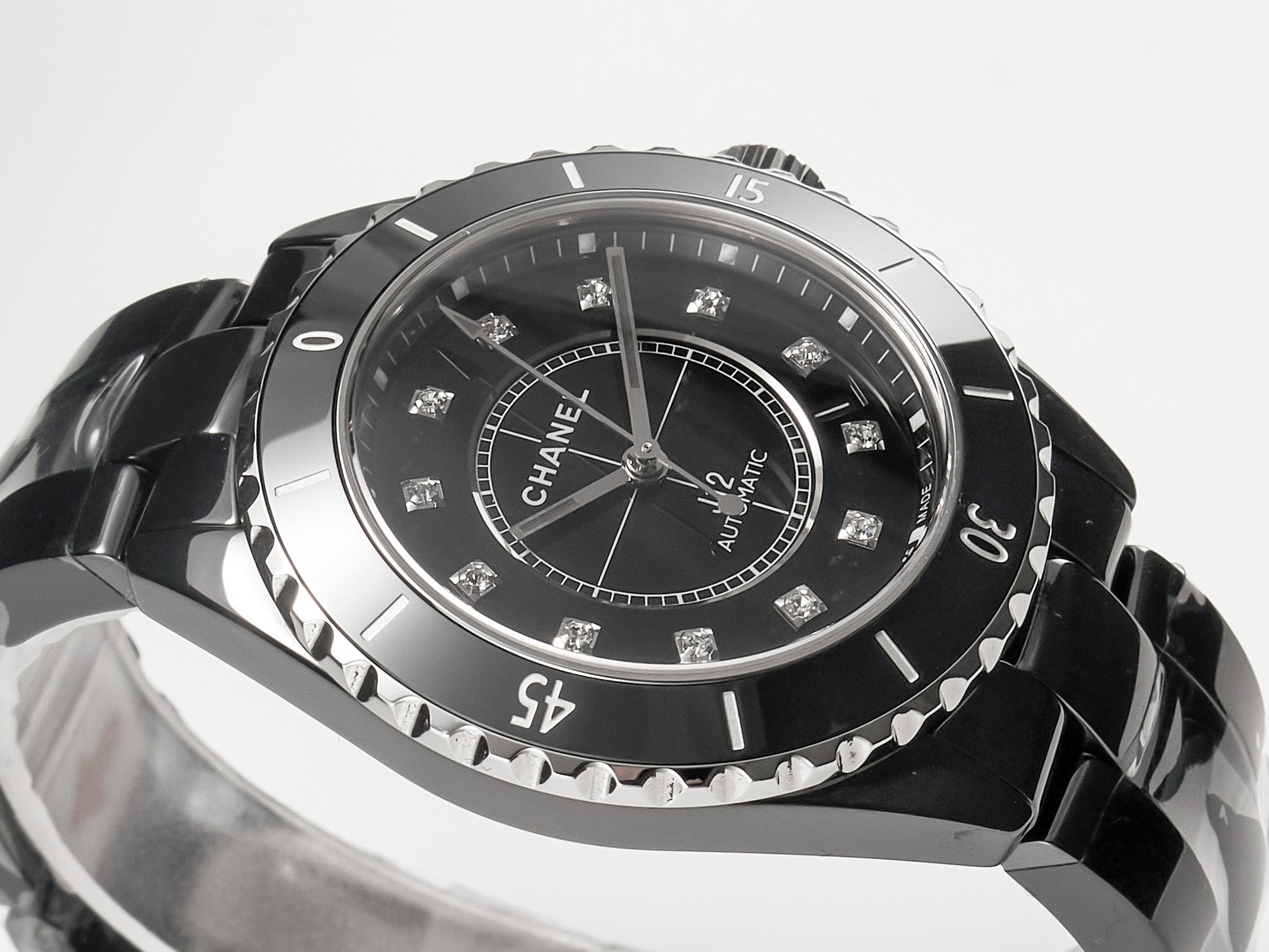 CHANEL J12 Date Automatic Black Ceramic Diamond Numerals Black Dial Black Steel Hands
