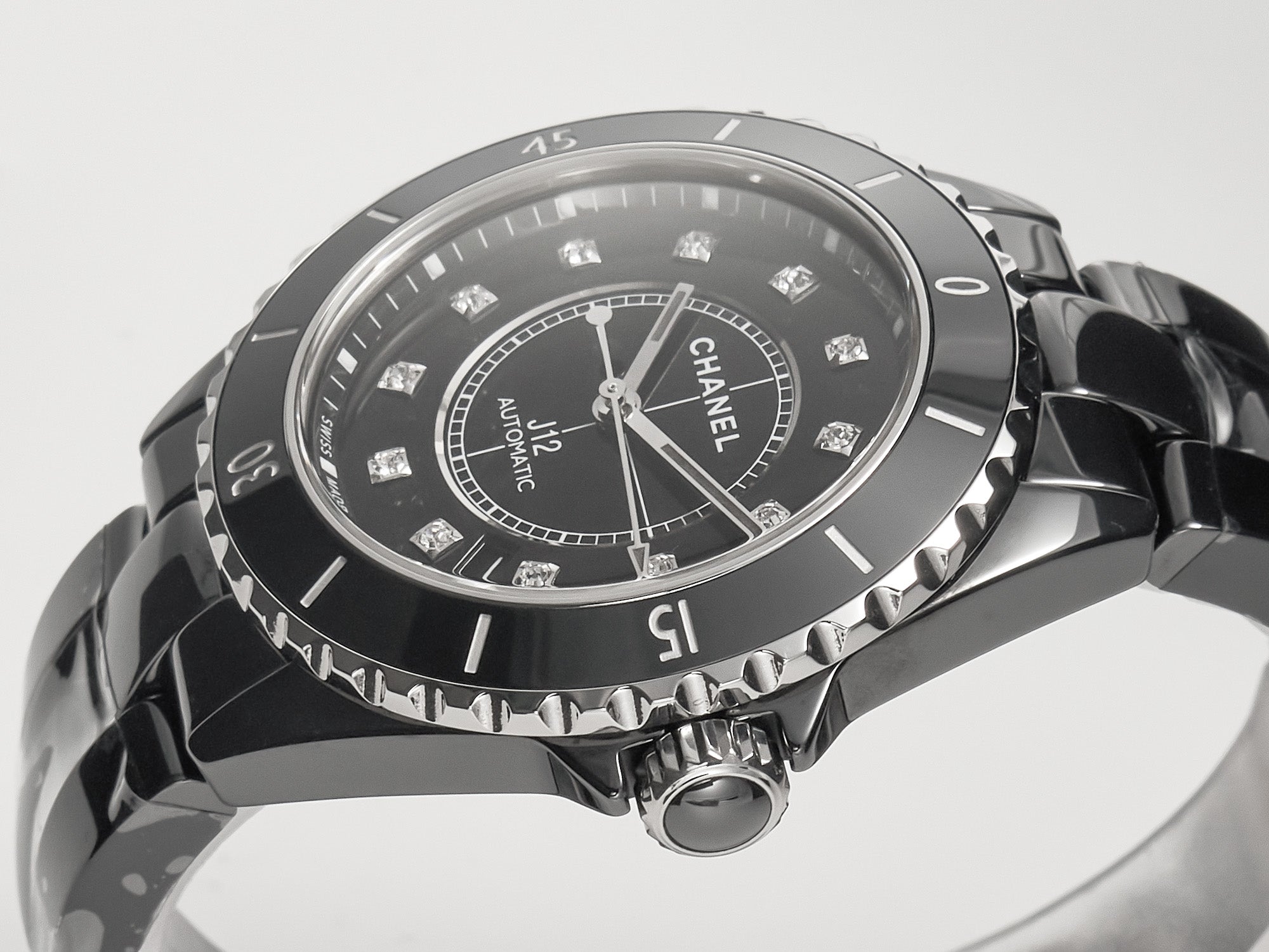 CHANEL J12 Date Automatic Black Ceramic Diamond Numerals Black Dial Black Steel Hands