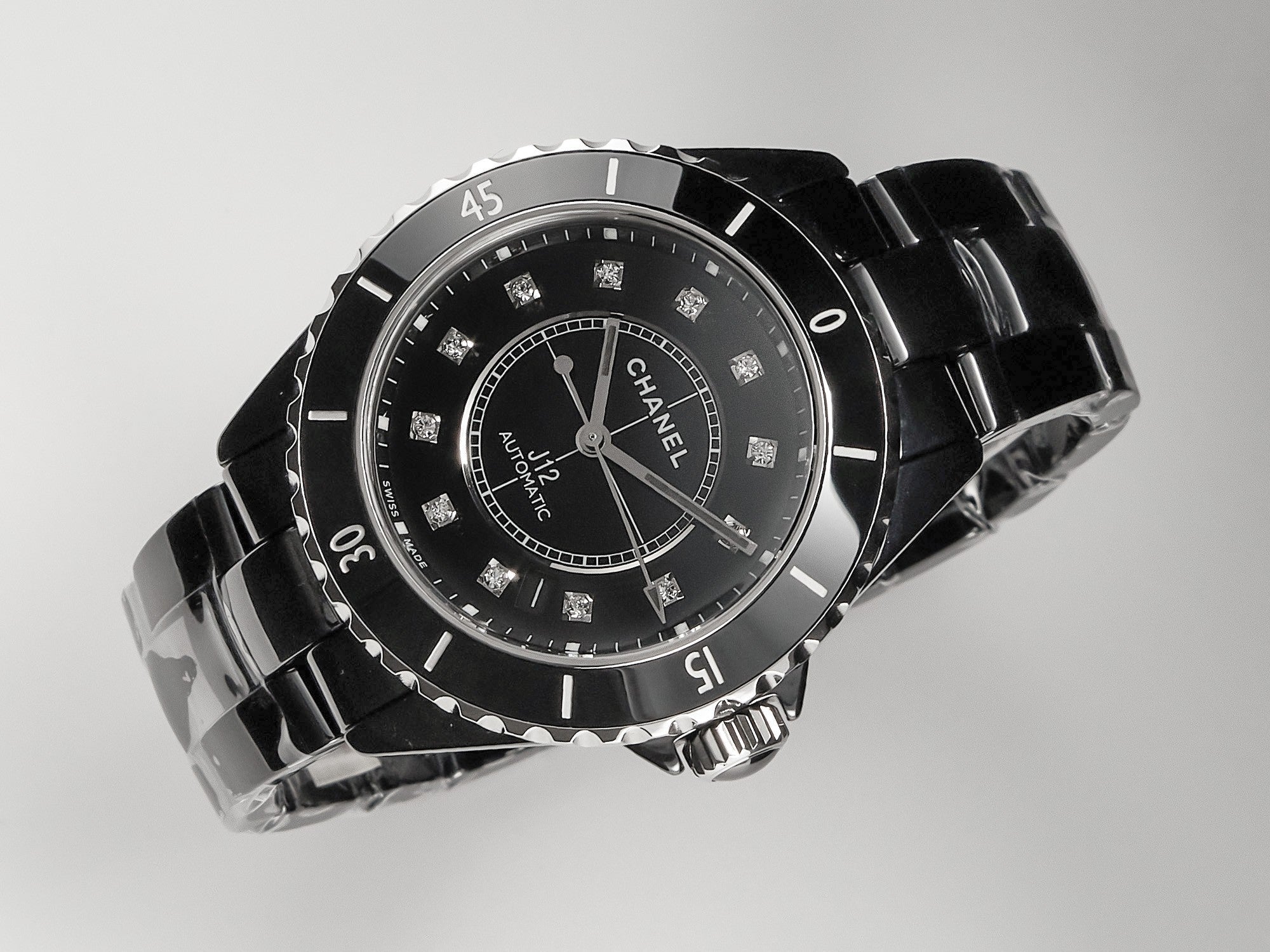 CHANEL J12 Date Automatic Black Ceramic Diamond Numerals Black Dial Black Steel Hands
