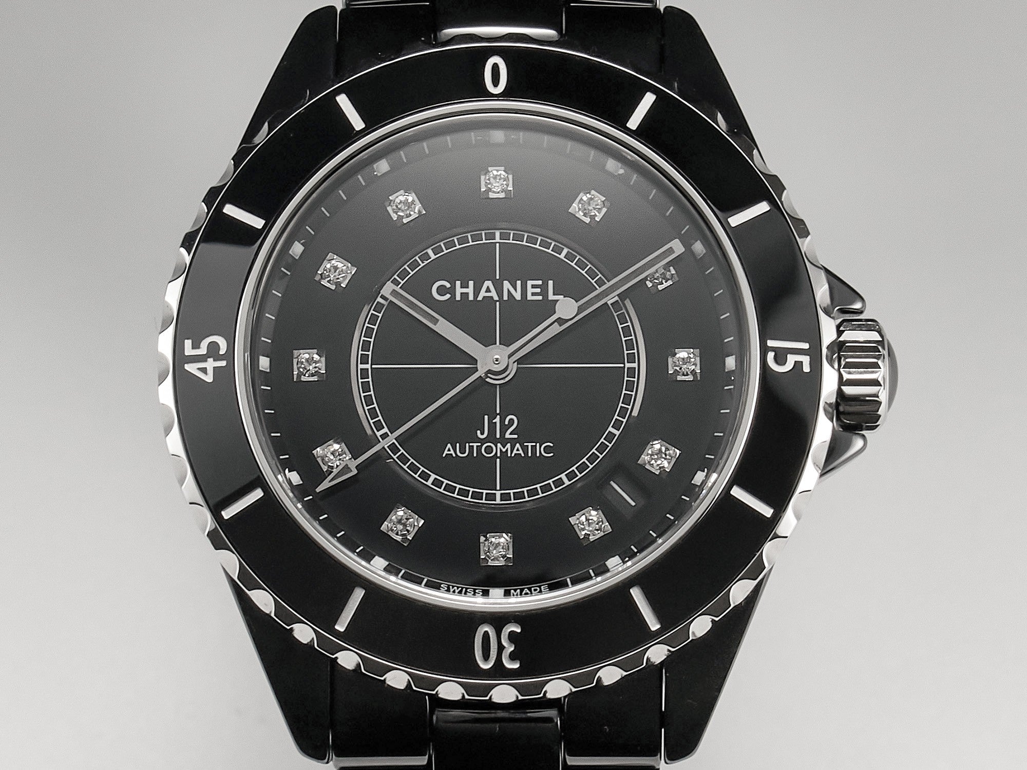 CHANEL J12 Date Automatic Black Ceramic Diamond Numerals Black Dial Black Steel Hands