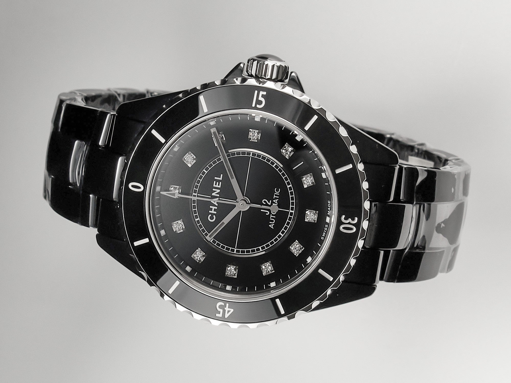 CHANEL J12 Date Automatic Black Ceramic Diamond Numerals Black Dial Black Steel Hands