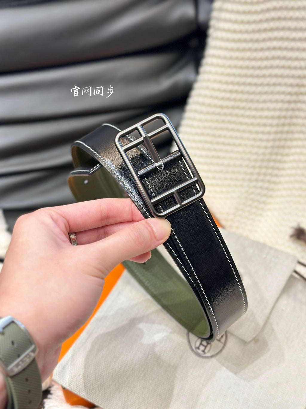 HERMES -CAPE COD 32MM REVERSIBLE BELT OLIVE GREEN AND BLACK LEATHER BLACK HARDWARE