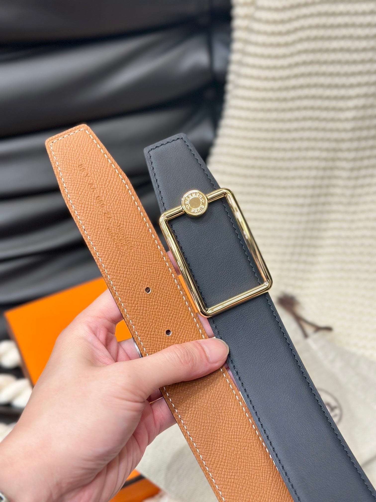 HERMES OSCAR BELT GOLD BUCKLE & REVERSIBLE GINGER ORANGE LEATHER STRAP 38MM