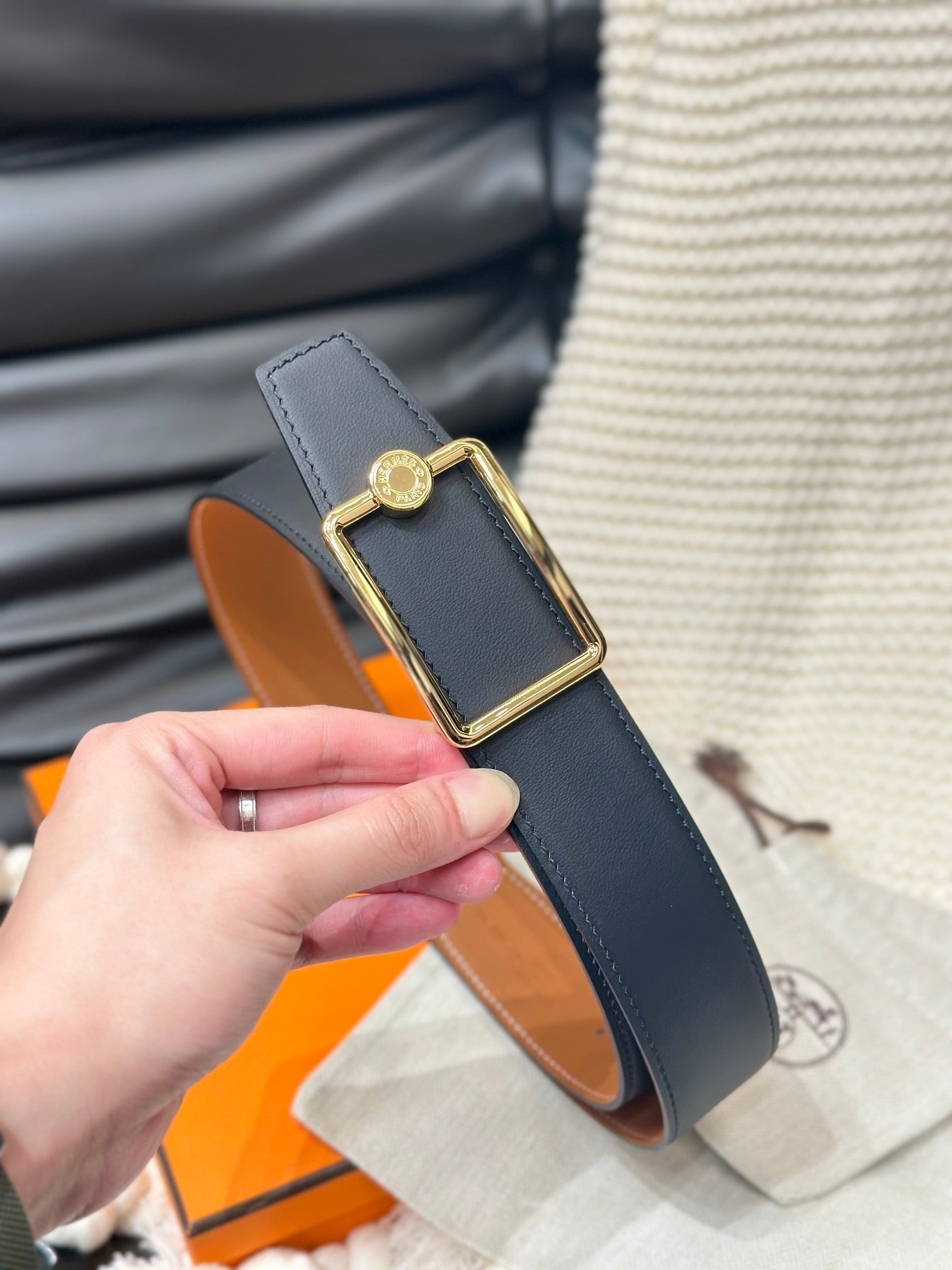 HERMES OSCAR BELT GOLD BUCKLE & REVERSIBLE GINGER ORANGE LEATHER STRAP 38MM
