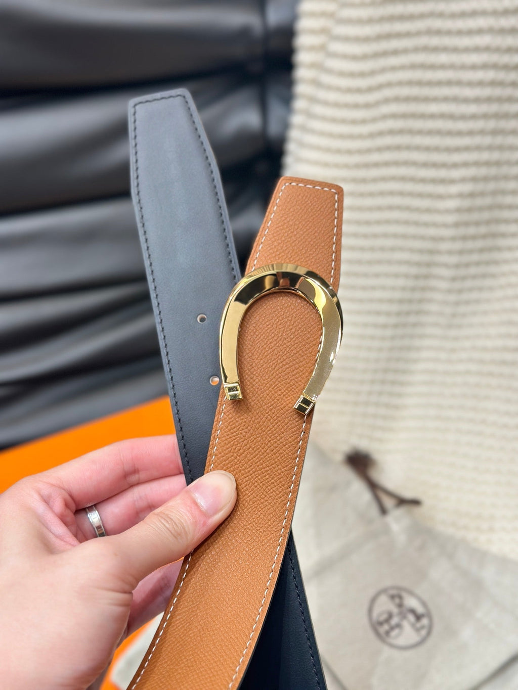 HERMES LUCK BELT GOLD BUCKLE & REVERSIBLE DARK ORANGE LEATHER STRAP 38MM