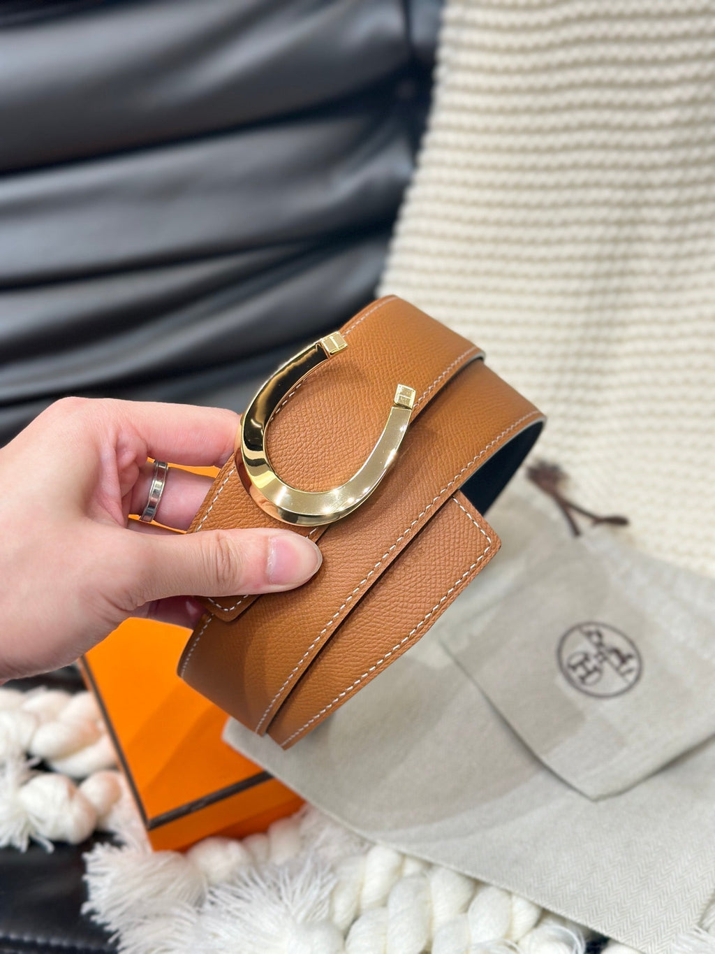 HERMES LUCK BELT GOLD BUCKLE & REVERSIBLE DARK ORANGE LEATHER STRAP 38MM