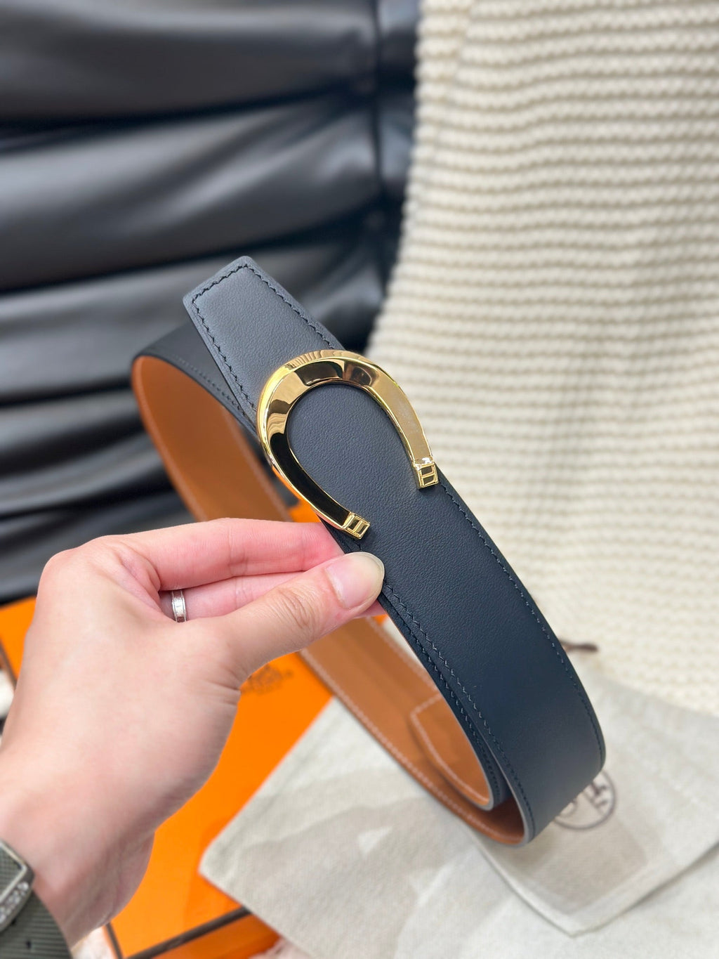 HERMES LUCK BELT GOLD BUCKLE & REVERSIBLE DARK ORANGE LEATHER STRAP 38MM