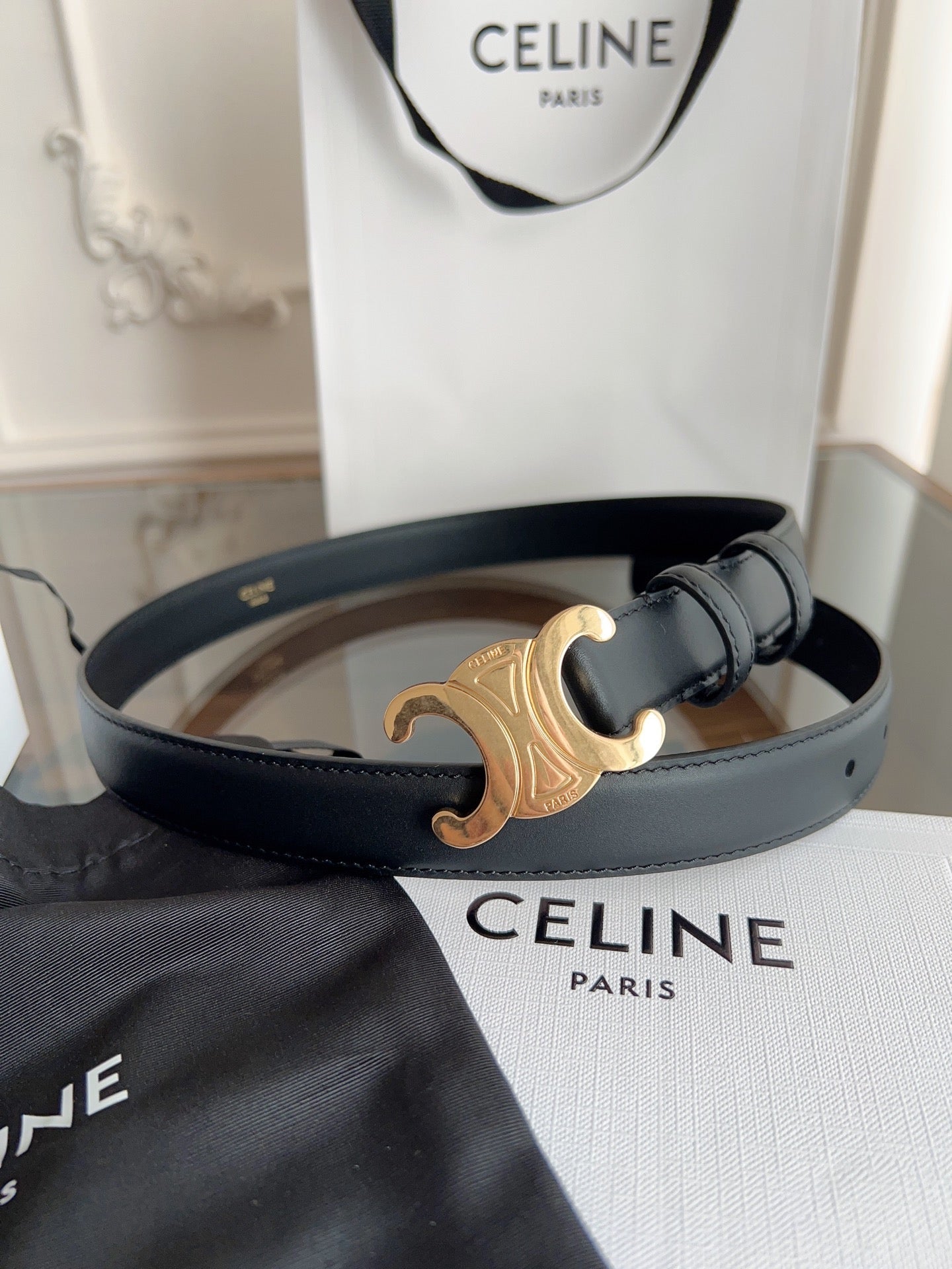 CELINE TRIOMPHE BELT 24MM IN BLACK CALFSKIN WITH GOLD BUCKLE