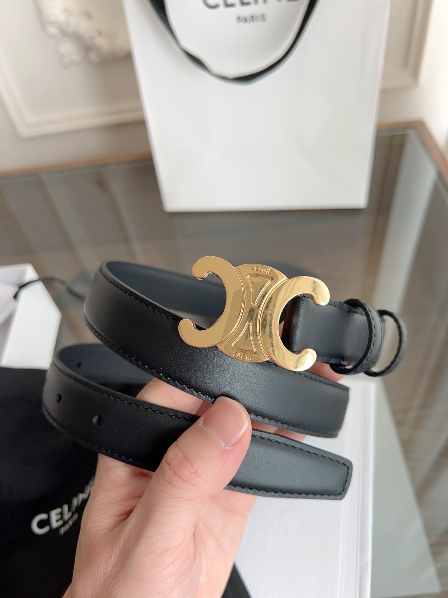 CELINE TRIOMPHE BELT 24MM IN BLACK CALFSKIN WITH GOLD BUCKLE
