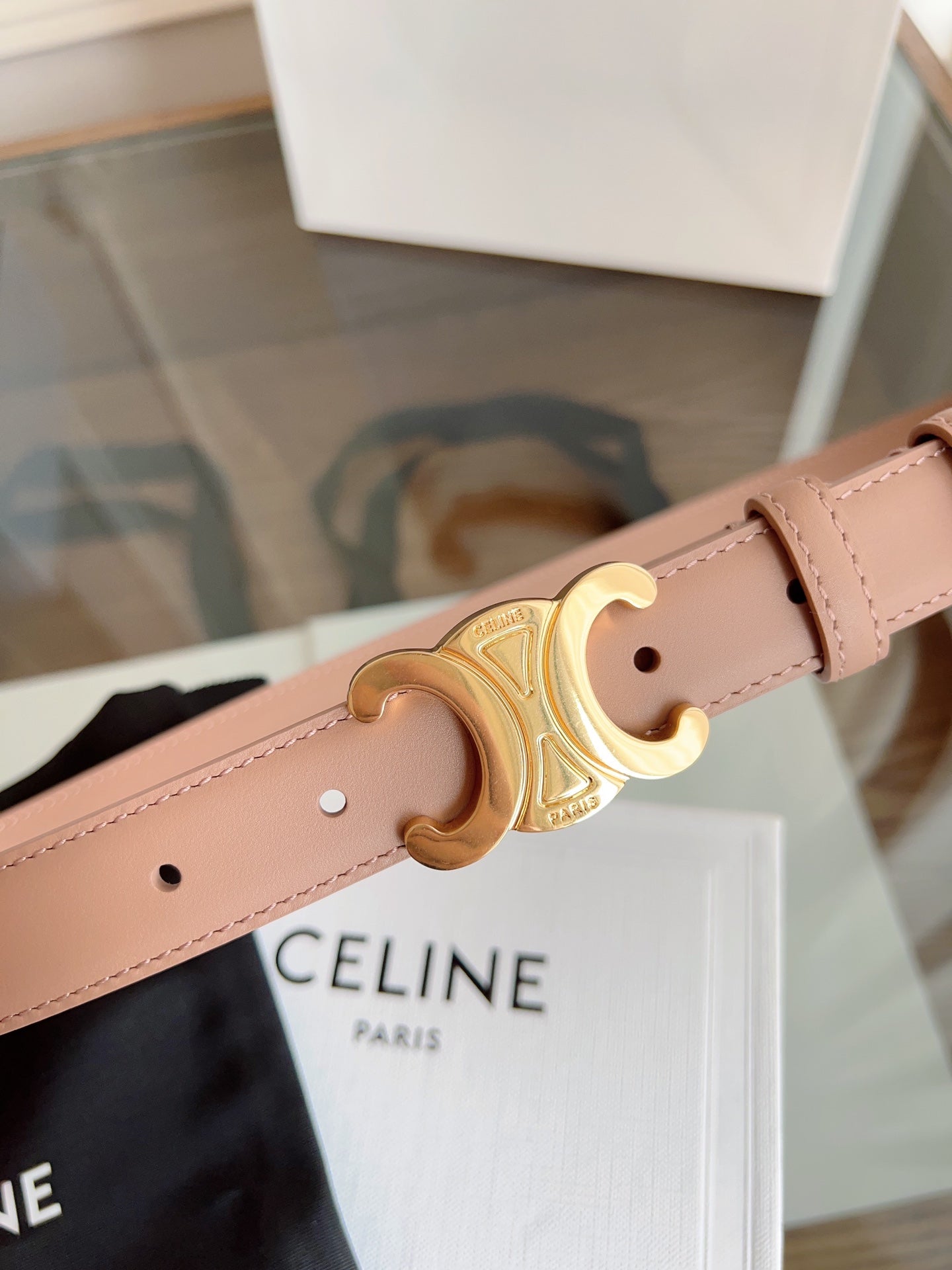 CELINE TRIOMPHE BELT 24MM IN BEAVER BROWN CALFSKIN WITH GOLD BUCKLE