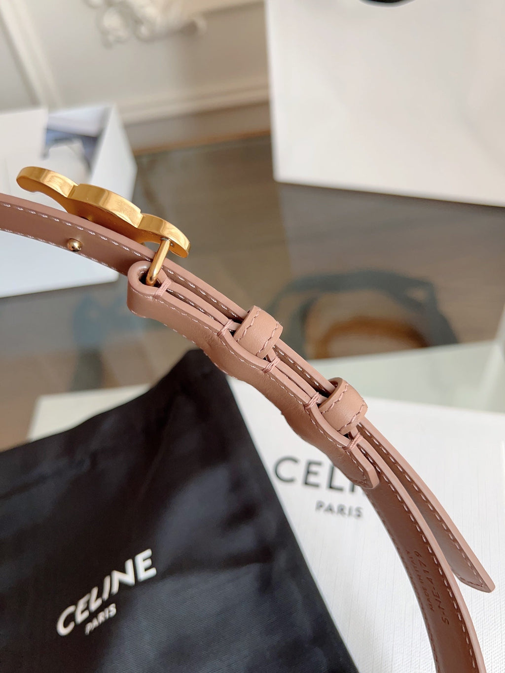 CELINE TRIOMPHE BELT 24MM IN BEAVER BROWN CALFSKIN WITH GOLD BUCKLE