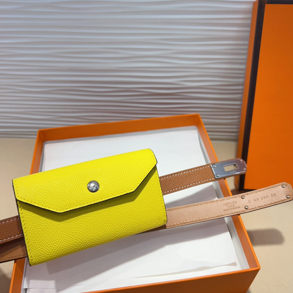 HERMES KELLY LEMON YELLOW POCKET 18MM BELT CINNAMON BROWN LEATHER SILVER HARDWARE