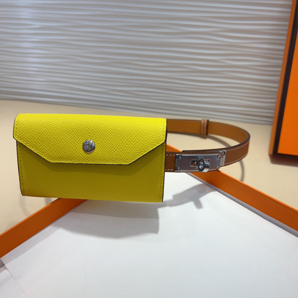 HERMES KELLY LEMON YELLOW POCKET 18MM BELT CINNAMON BROWN LEATHER SILVER HARDWARE