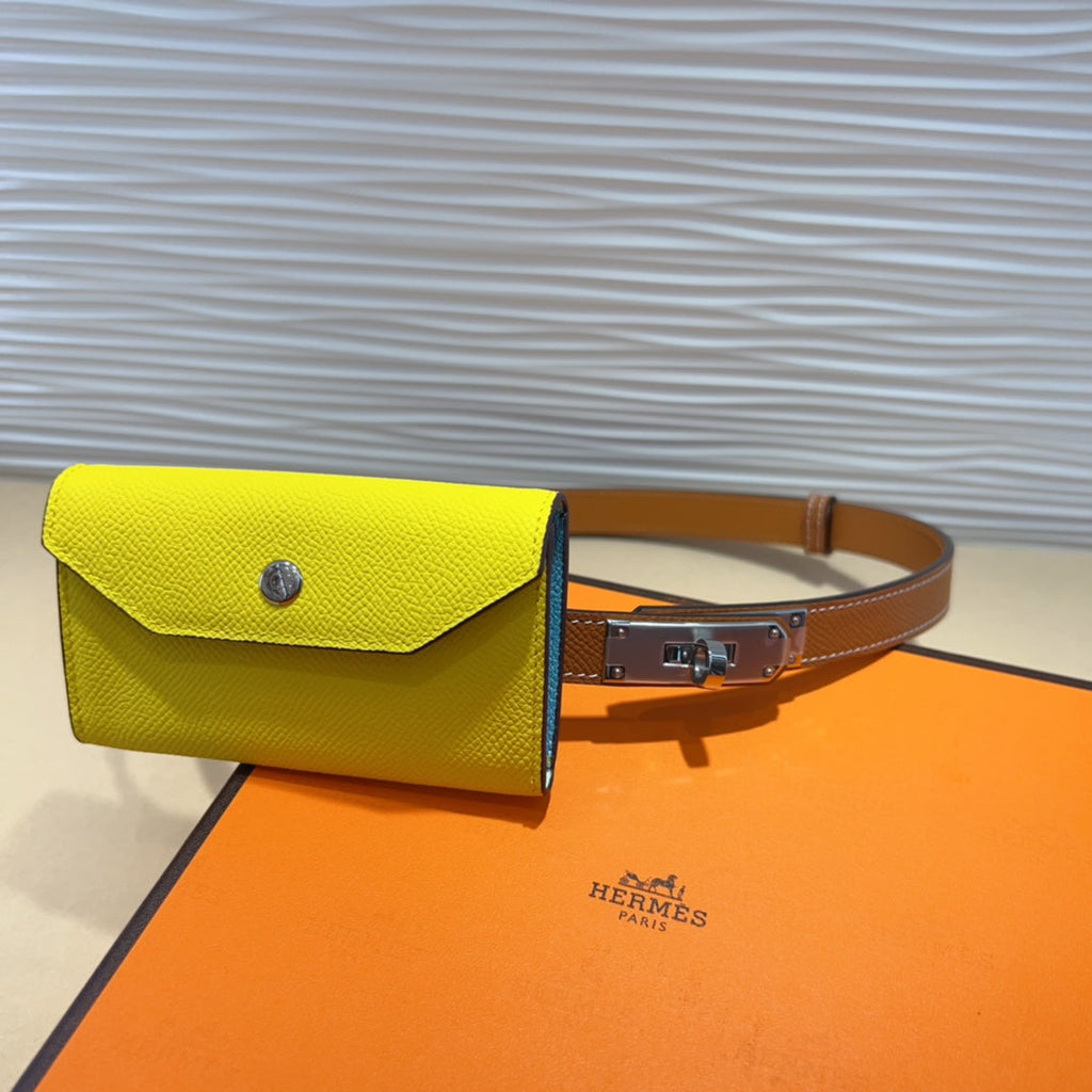 HERMES KELLY LEMON YELLOW POCKET 18MM BELT CINNAMON BROWN LEATHER SILVER HARDWARE