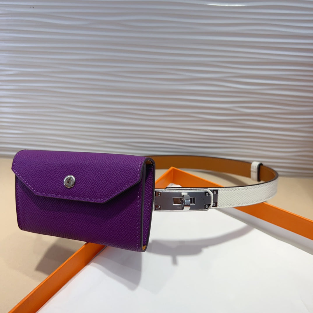 HERMES KELLY VIOLET PURPLE POCKET 18MM BELT WHITE LEATHER SILVER HARDWARE