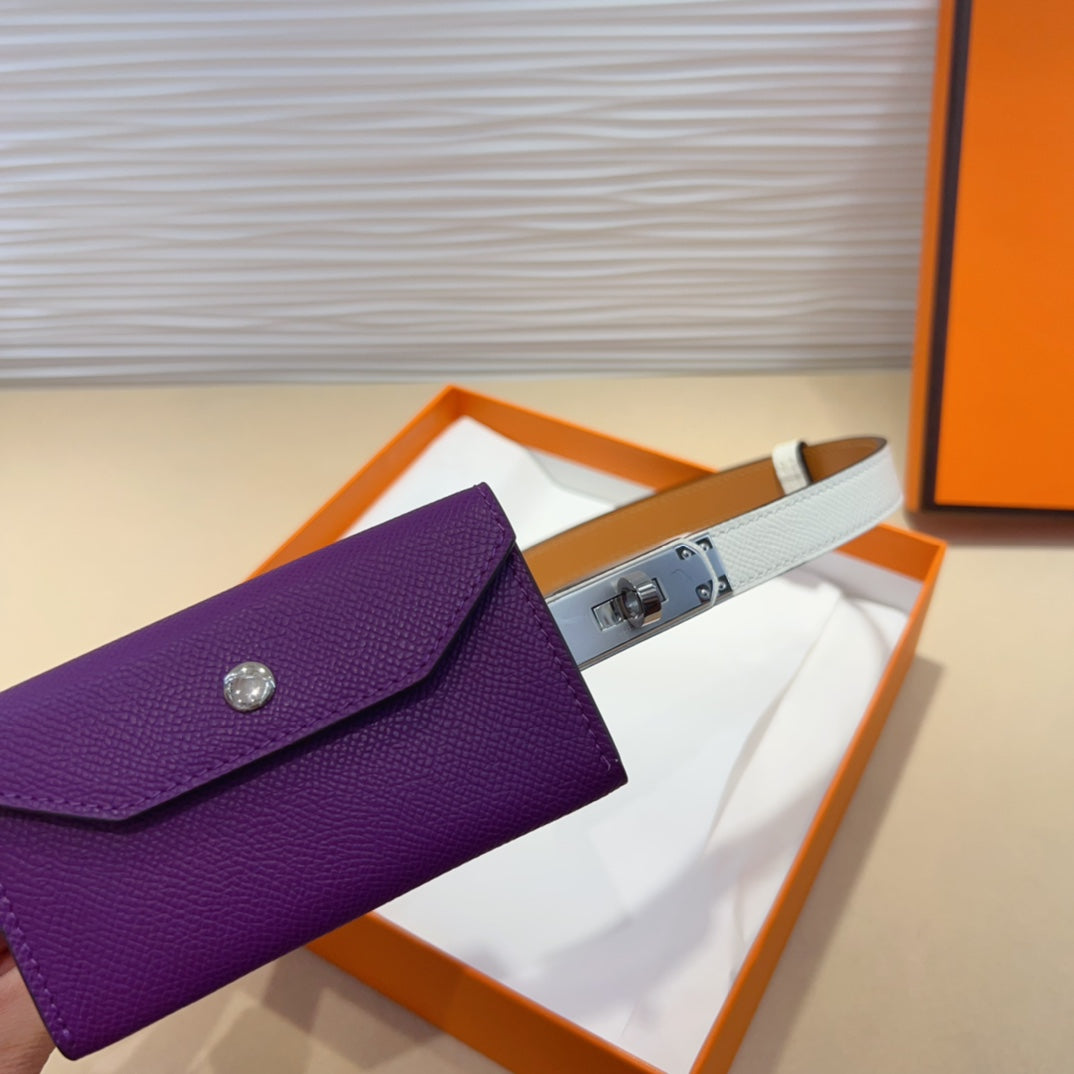 HERMES KELLY VIOLET PURPLE POCKET 18MM BELT WHITE LEATHER SILVER HARDWARE