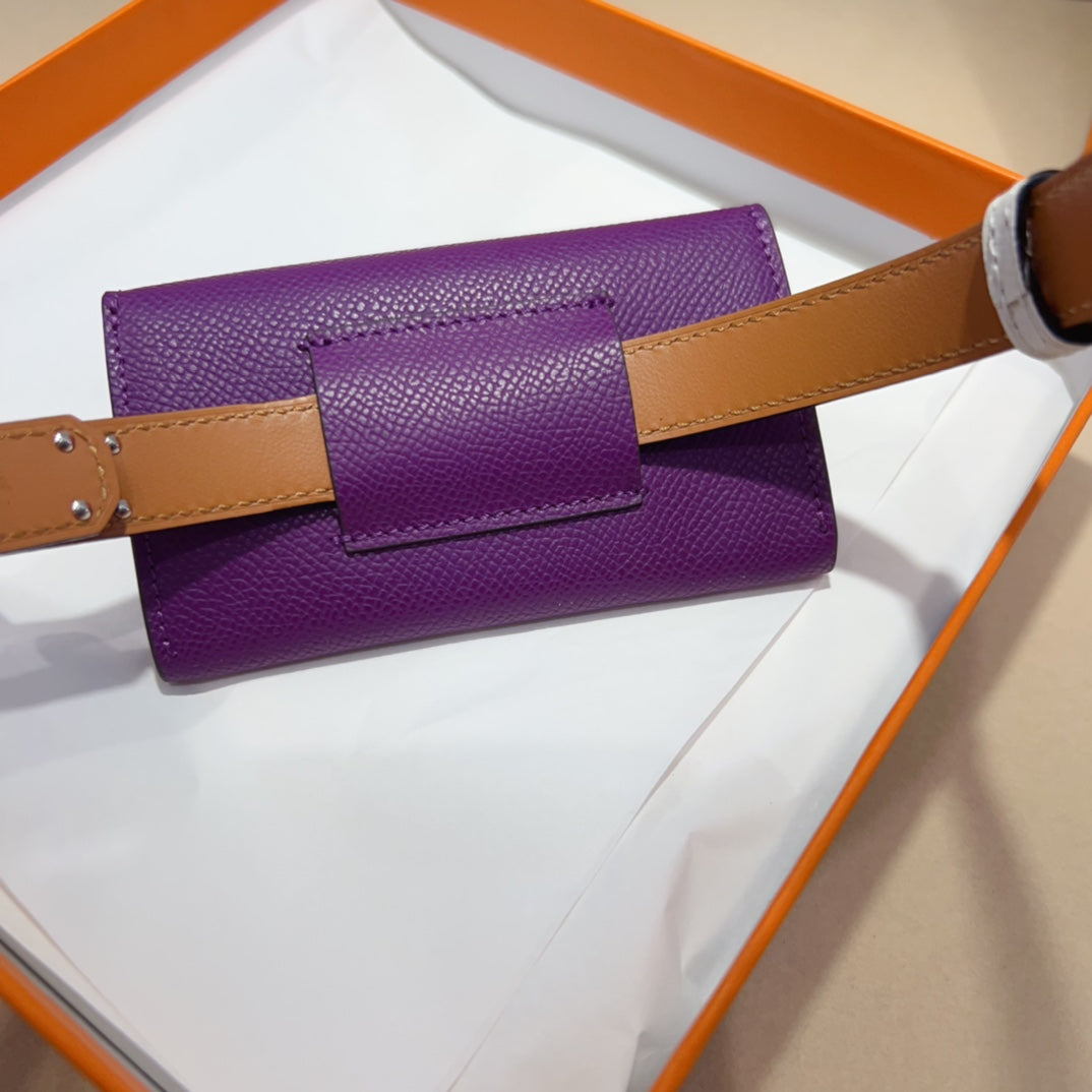 HERMES KELLY VIOLET PURPLE POCKET 18MM BELT WHITE LEATHER SILVER HARDWARE