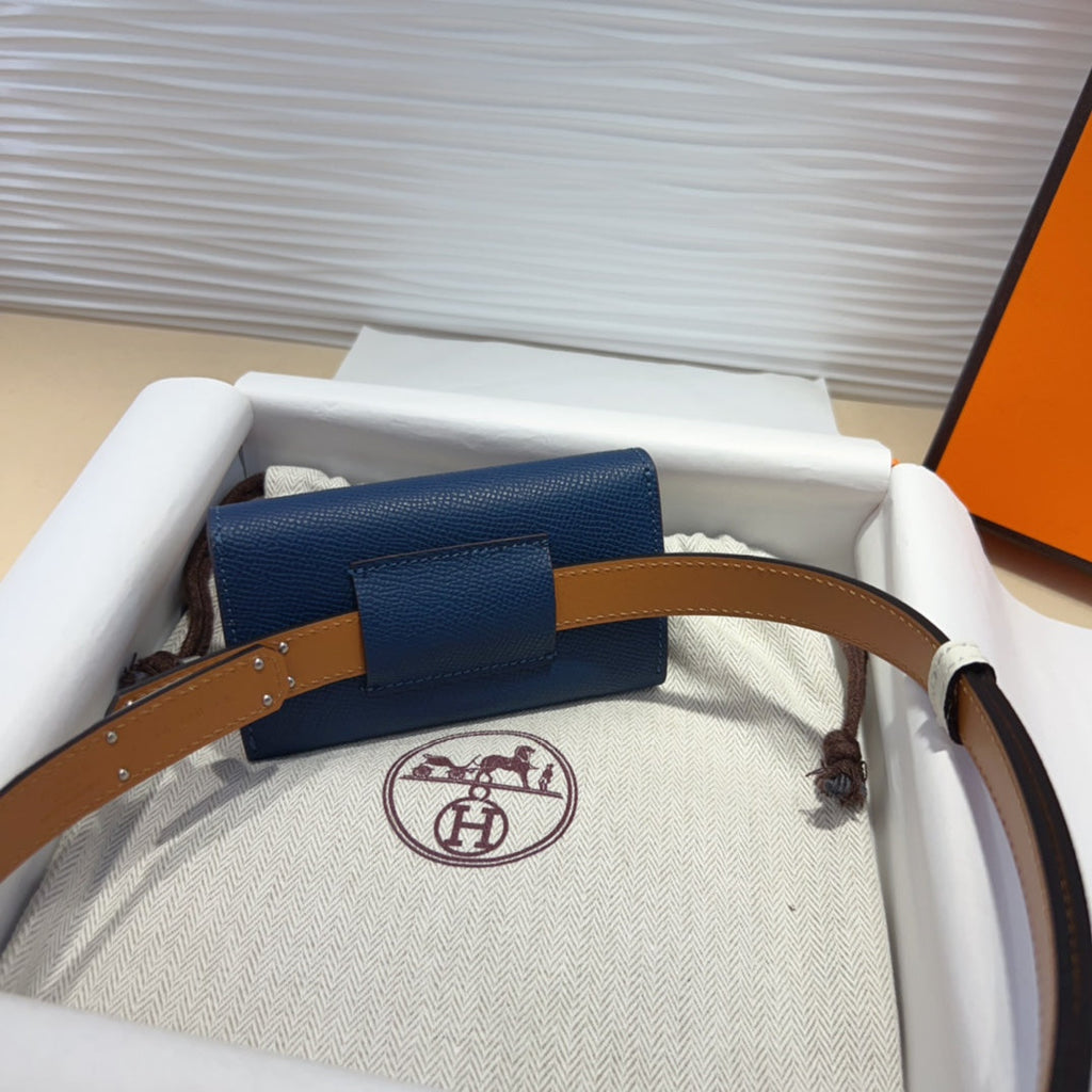 HERMES KELLY NAVY BLUE POCKET 18MM BELT WHITE LEATHER SILVER HARDWARE