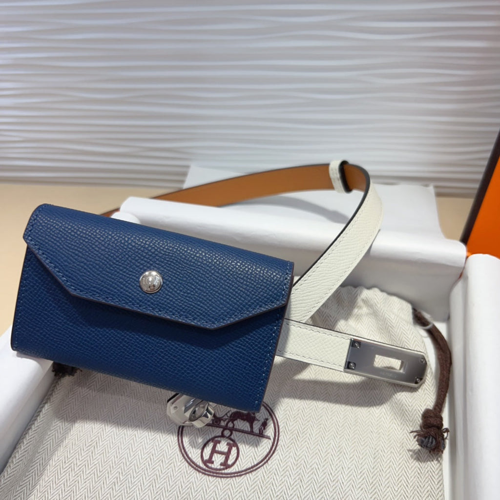 HERMES KELLY NAVY BLUE POCKET 18MM BELT WHITE LEATHER SILVER HARDWARE