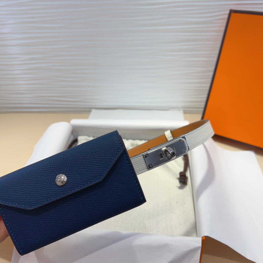 HERMES KELLY NAVY BLUE POCKET 18MM BELT WHITE LEATHER SILVER HARDWARE