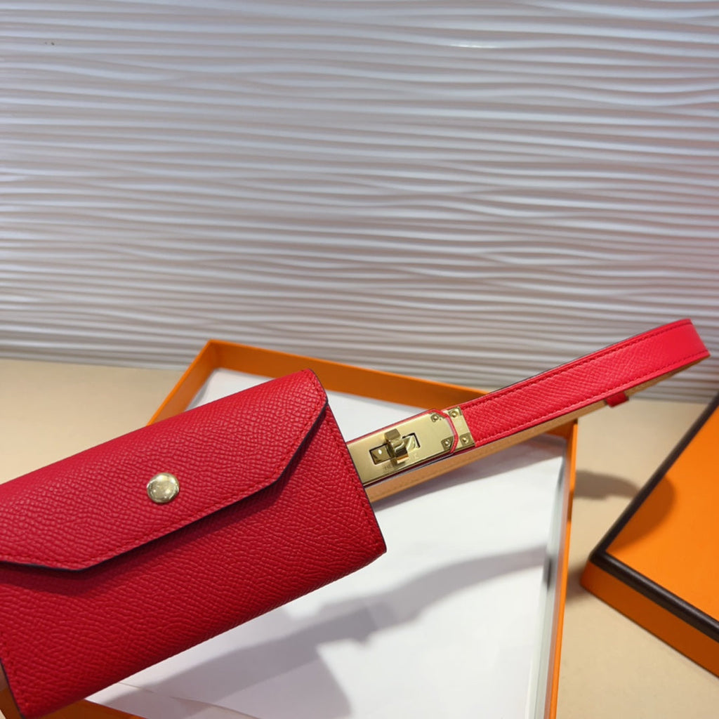 HERMES KELLY POCKET 18MM BELT CHERRY RED LEATHER GOLD HARDWARE