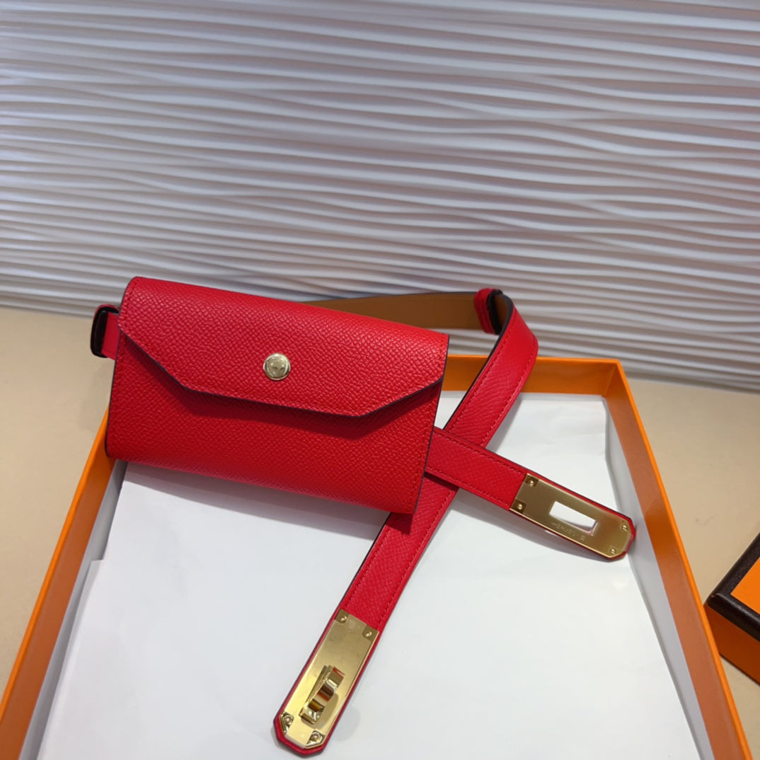 HERMES KELLY POCKET 18MM BELT CHERRY RED LEATHER GOLD HARDWARE