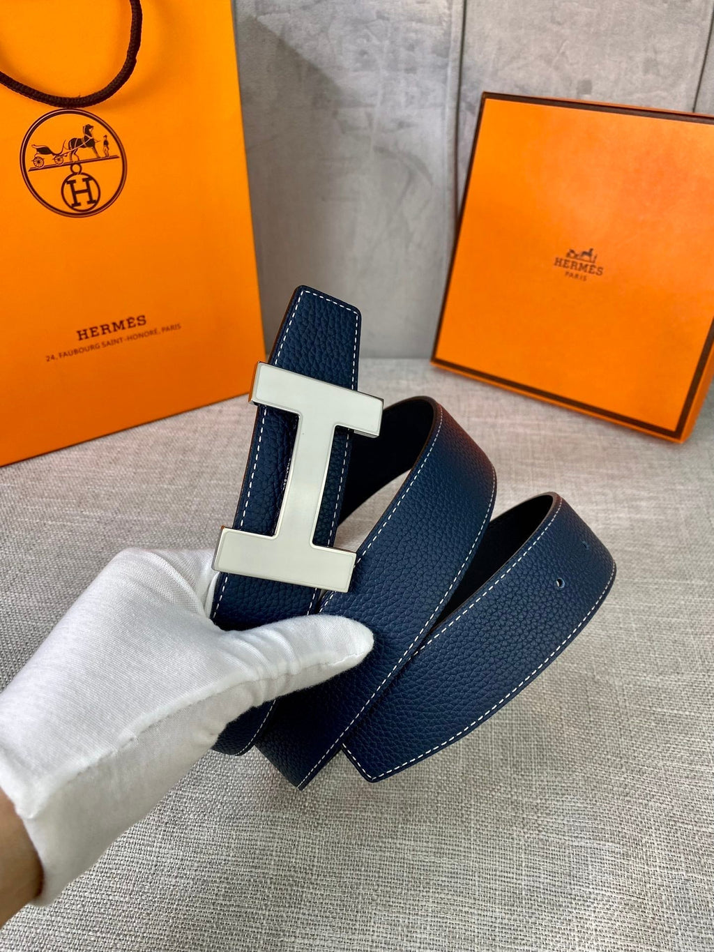 HERMES CONSTANCE BELT BUCKLE & REVERSIBLE NAVY BLUE LEATHER STRAP 38MM SILVER HARDWARE