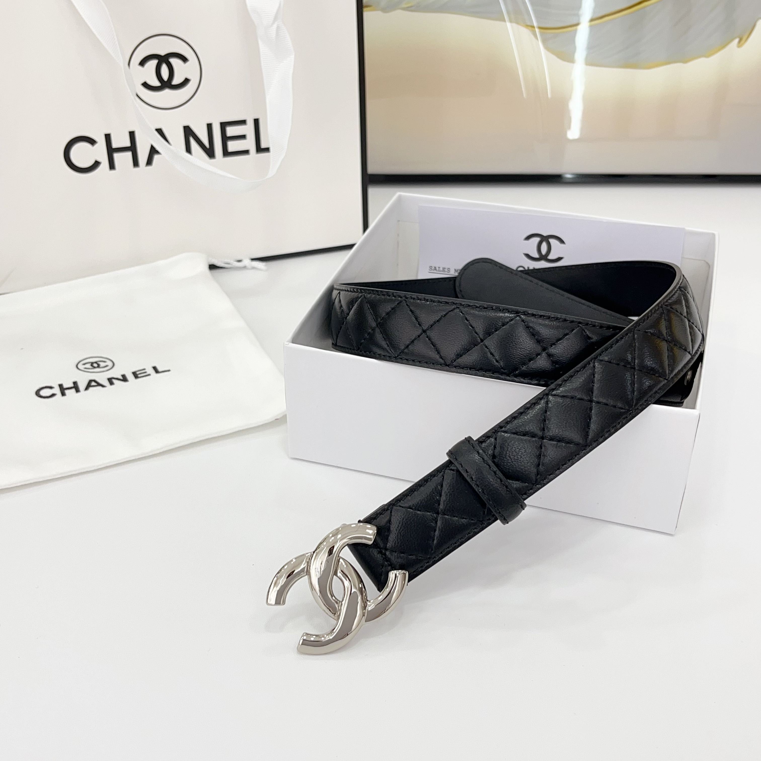 CHANEL DOUBLE C BELT 30MM IN BLACK QUILTED LEATHER WITH SILVER BUCKLE
