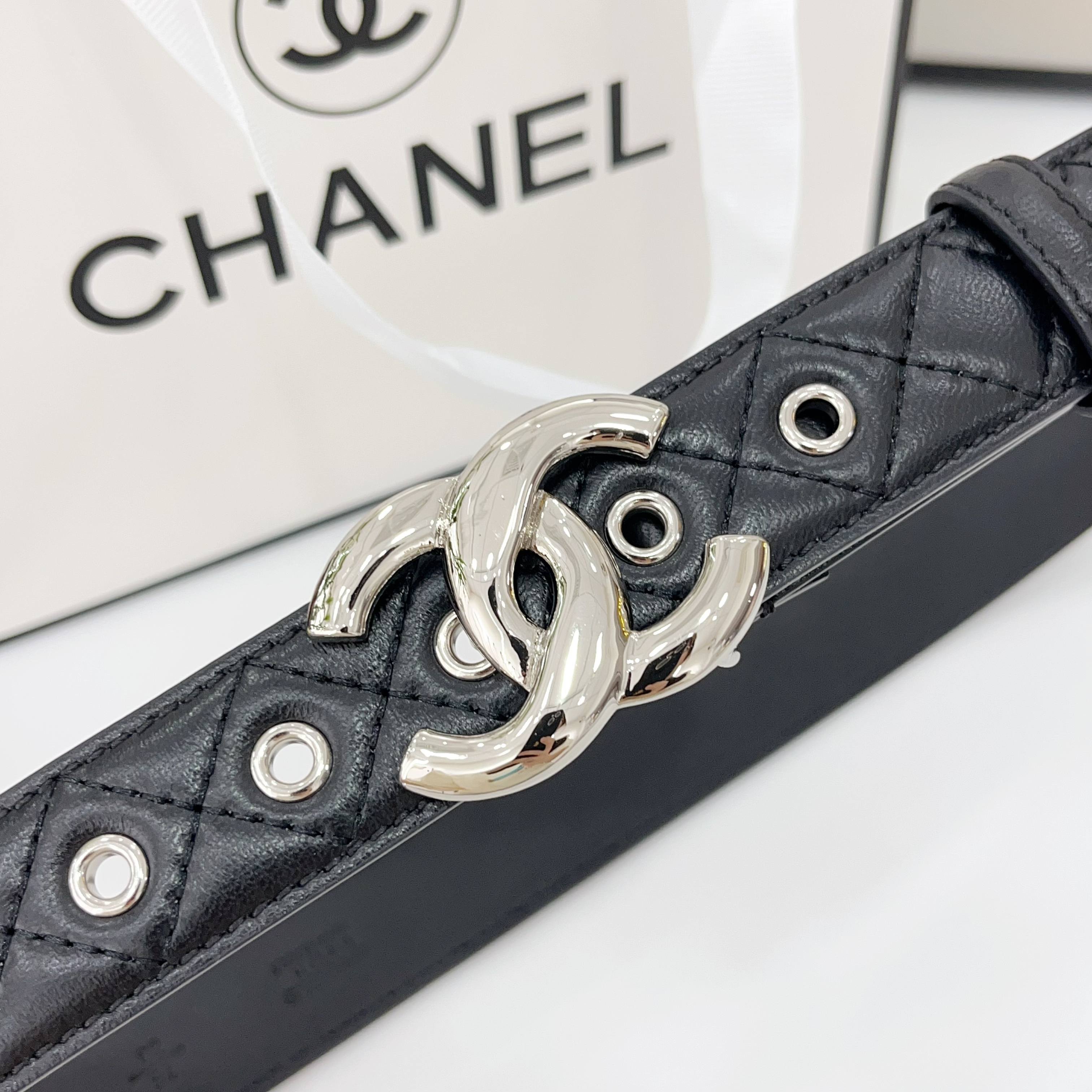 CHANEL DOUBLE C BELT 30MM IN BLACK QUILTED LEATHER WITH SILVER BUCKLE