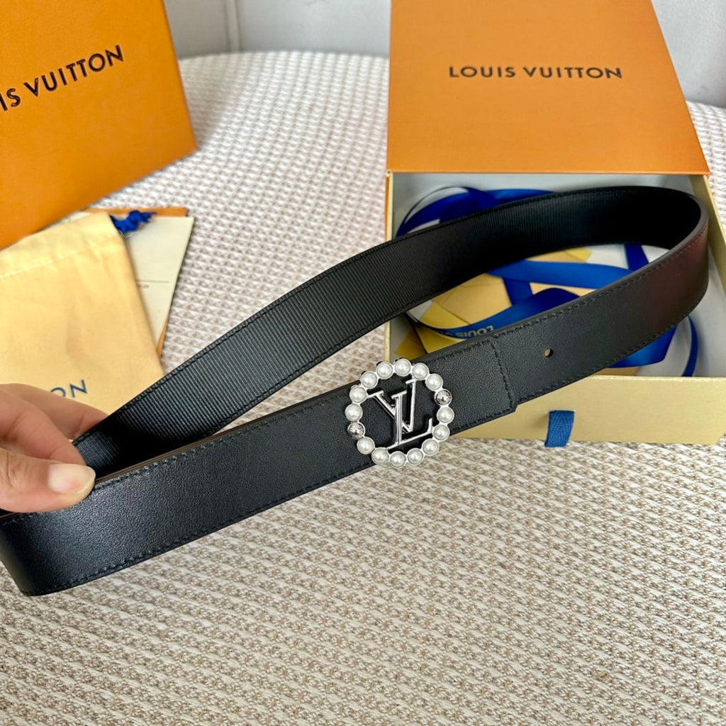 LOUIS VUITTON LV CIRCLE PEARL 35MM REVERSIBLE BELT IN BLACK CALFSKIN SILVER HARDWARE