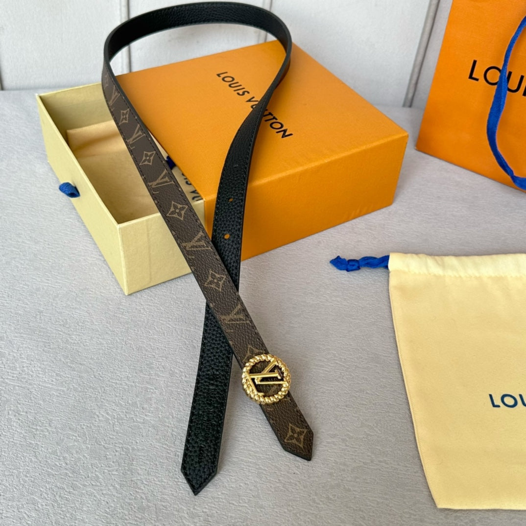 LOUIS VUITTON LV Circle Nautical 20mm Reversible Belt Gold Buckle Black Brown Leather