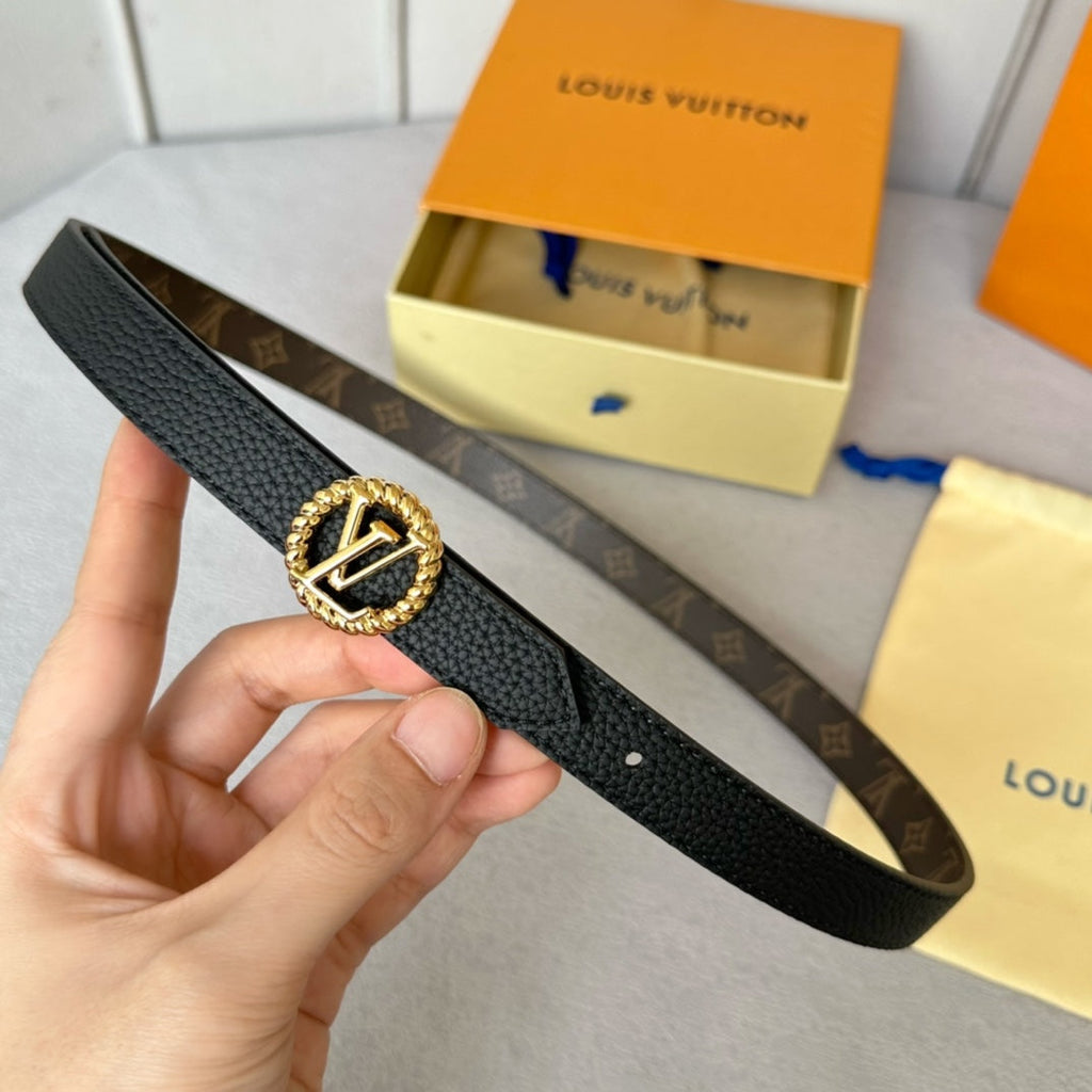 LOUIS VUITTON LV Circle Nautical 20mm Reversible Belt Gold Buckle Black Brown Leather