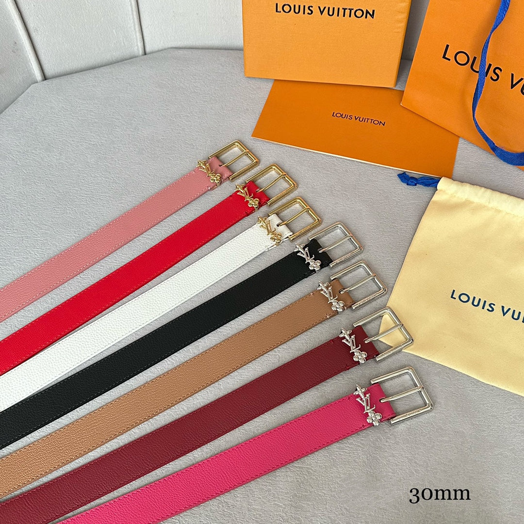 LOUIS VUITTON LV Bloom 30mm Belt Silver Buckle Beige Brown Leather