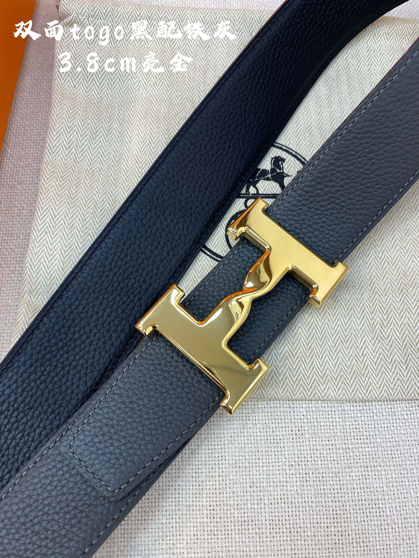 HERMES H BELT BUCKLE & REVERSIBLE BLACK LEATHER STRAP 38MM GOLD HARDWARE