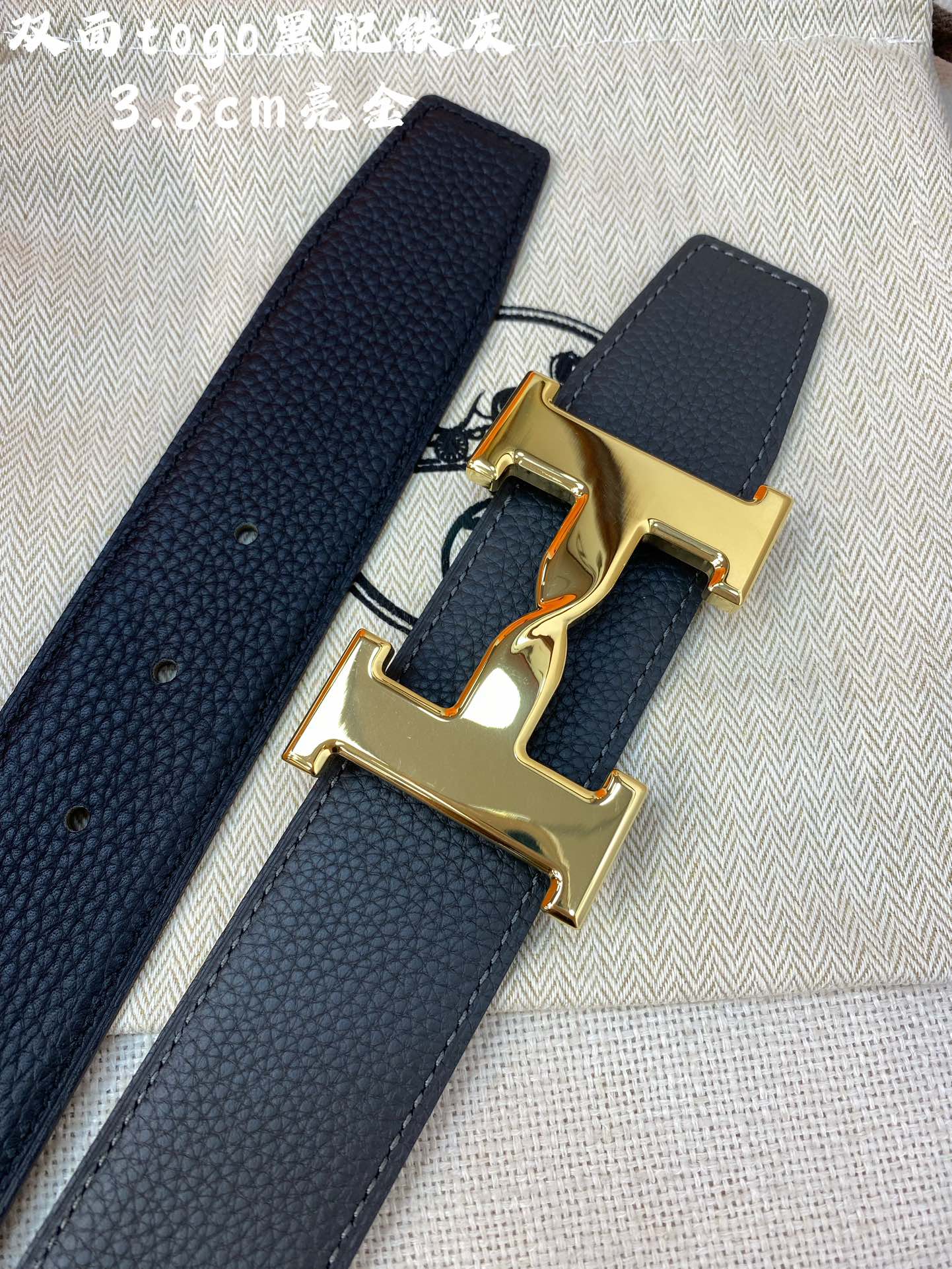 HERMES H BELT BUCKLE & REVERSIBLE BLACK LEATHER STRAP 38MM GOLD HARDWARE