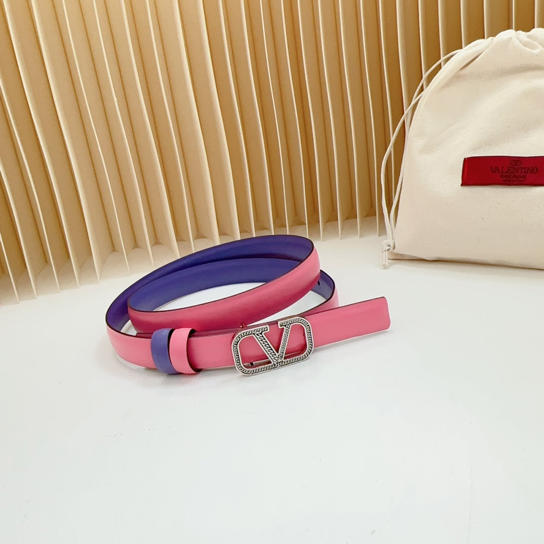 VALENTINO Vlogo Buckle Water Wave Silver Copper Glossy Pink Purple Leather 20mm Belt
