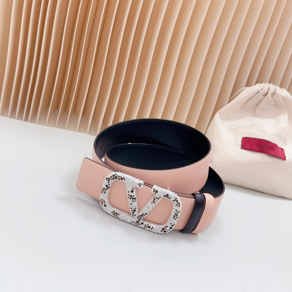 VALENTINO Vlogo Brown Black White Stone Silver Buckle Belt 40mm Black Light Pink Leather