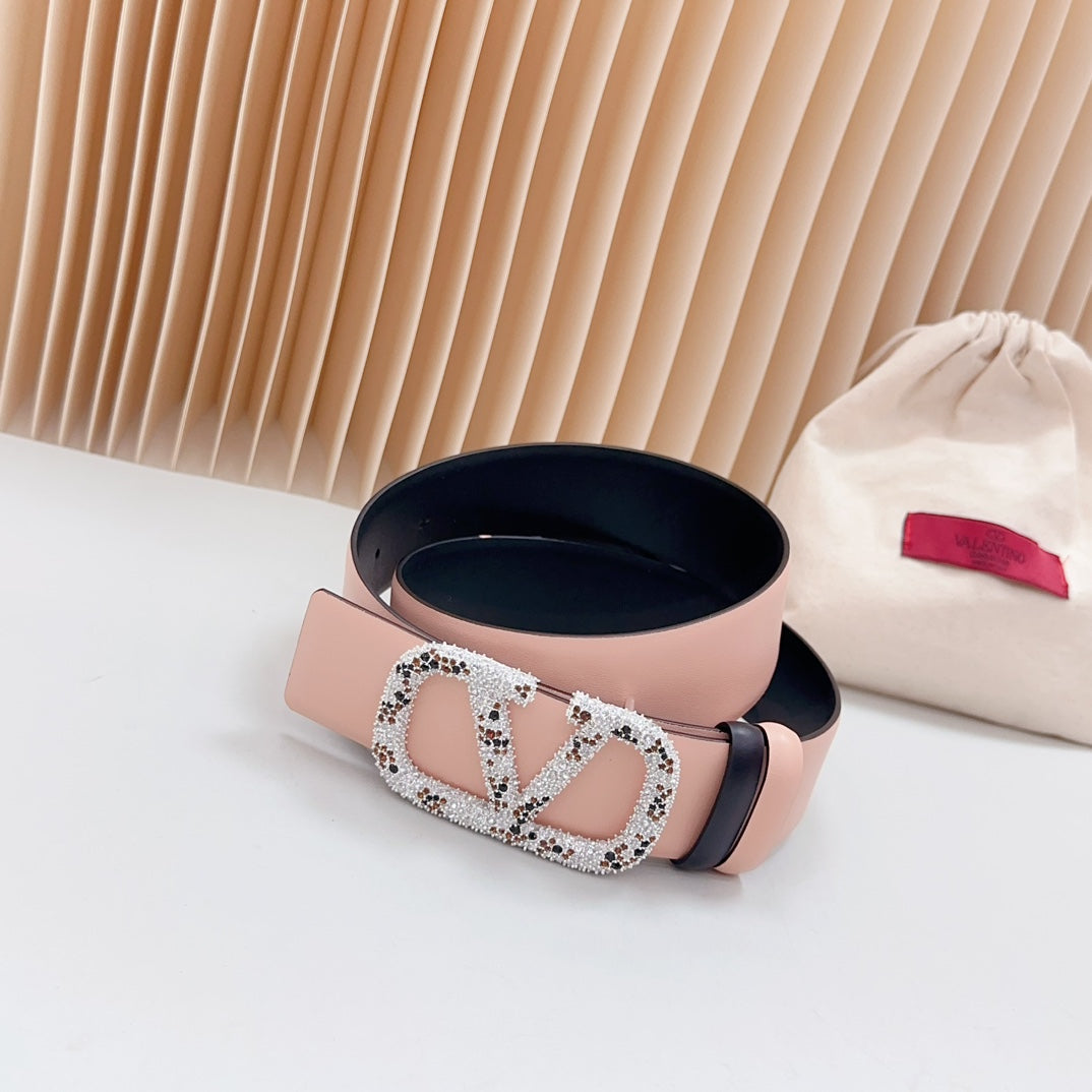 VALENTINO Vlogo Brown Black White Stone Silver Buckle Belt 40mm Black Light Pink Leather