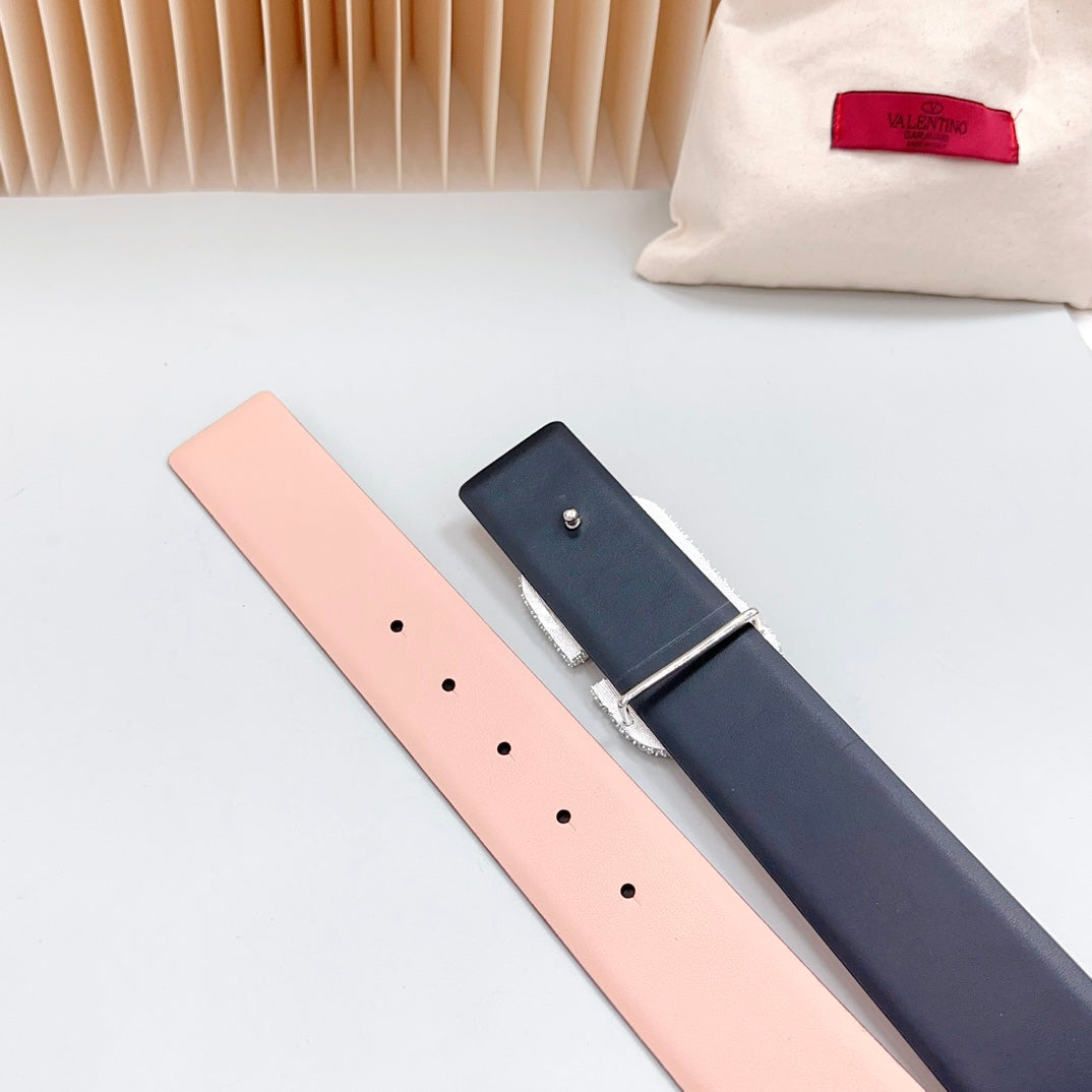 VALENTINO Vlogo Brown Black White Stone Silver Buckle Belt 40mm Black Light Pink Leather