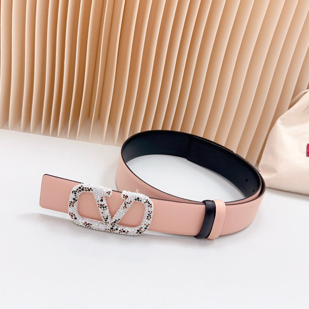 VALENTINO Vlogo Brown Black White Stone Silver Buckle Belt 40mm Black Light Pink Leather