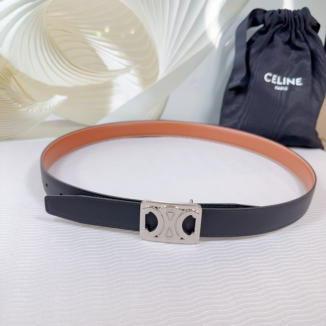 CELINE CL MEDIUM 25 MM REVERSIBLE FRAMED TRIOMPHE BELT BLACK AND BRONZE BROWN CALFSKIN SILVER HARDWARE