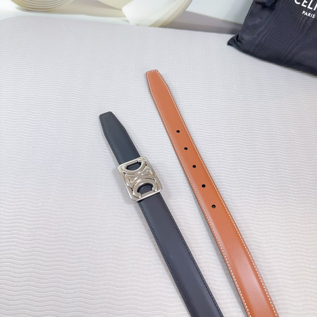 CELINE CL MEDIUM 25 MM REVERSIBLE FRAMED TRIOMPHE BELT BLACK AND BRONZE BROWN CALFSKIN SILVER HARDWARE