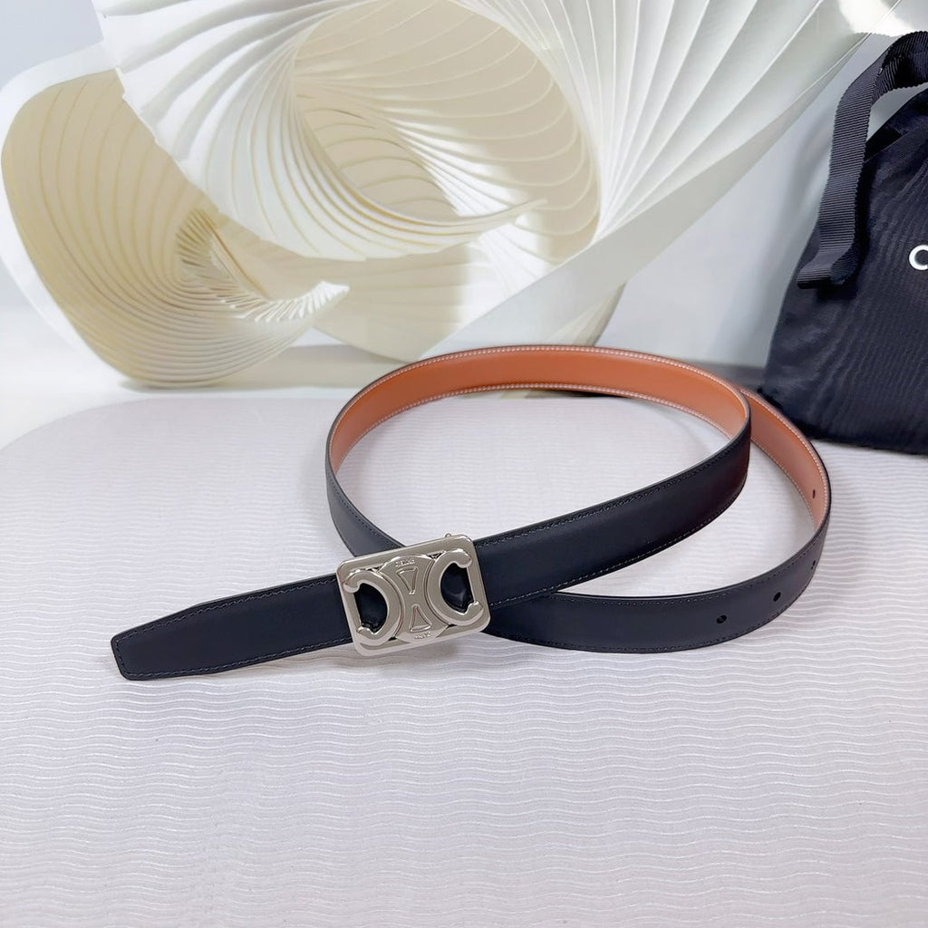 CELINE CL MEDIUM 25 MM REVERSIBLE FRAMED TRIOMPHE BELT BLACK AND BRONZE BROWN CALFSKIN SILVER HARDWARE