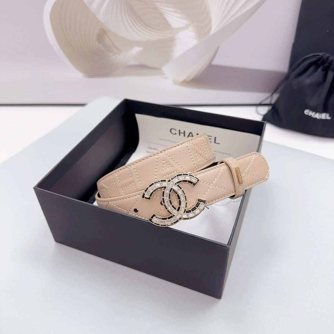 CHANEL 30MM BELT IN BEIGE CREAM EMBROIDERED CALFSKIN METAL HARDWARE