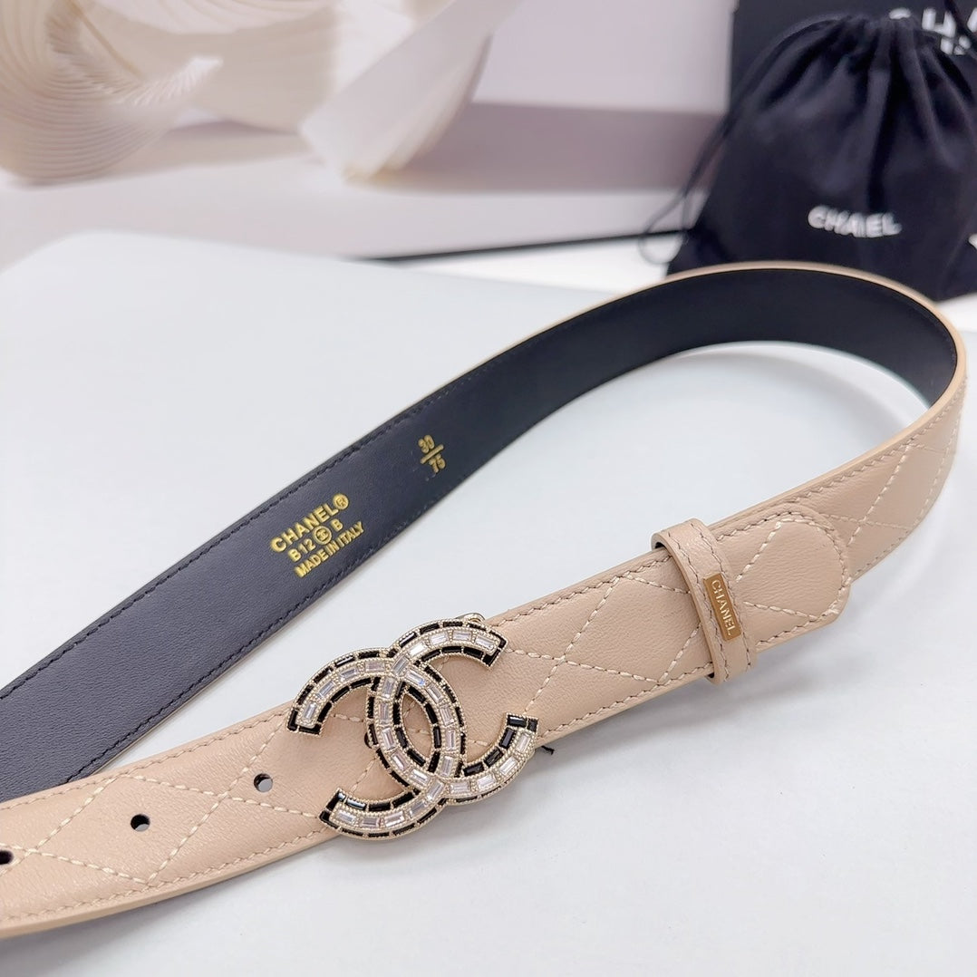 CHANEL 30MM BELT IN BEIGE CREAM EMBROIDERED CALFSKIN METAL HARDWARE