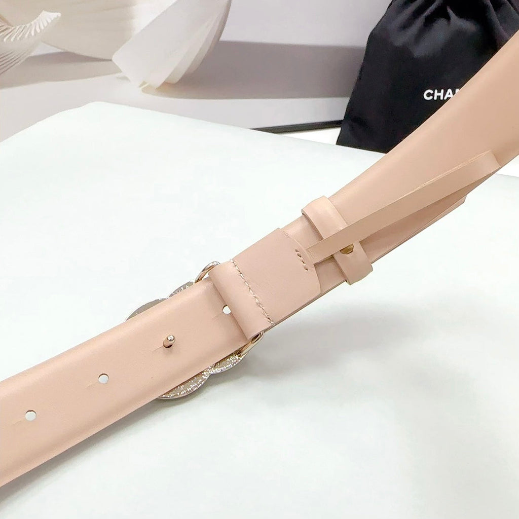 CHANEL 30MM BELT IN ALMOND BEIGE CALFSKIN METAL HARDWARE