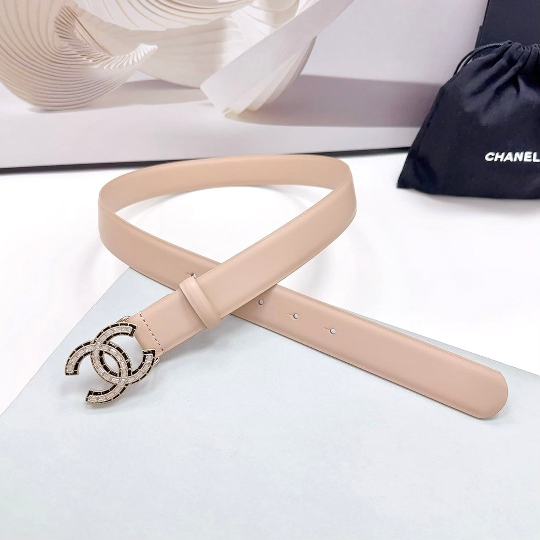 CHANEL 30MM BELT IN ALMOND BEIGE CALFSKIN METAL HARDWARE