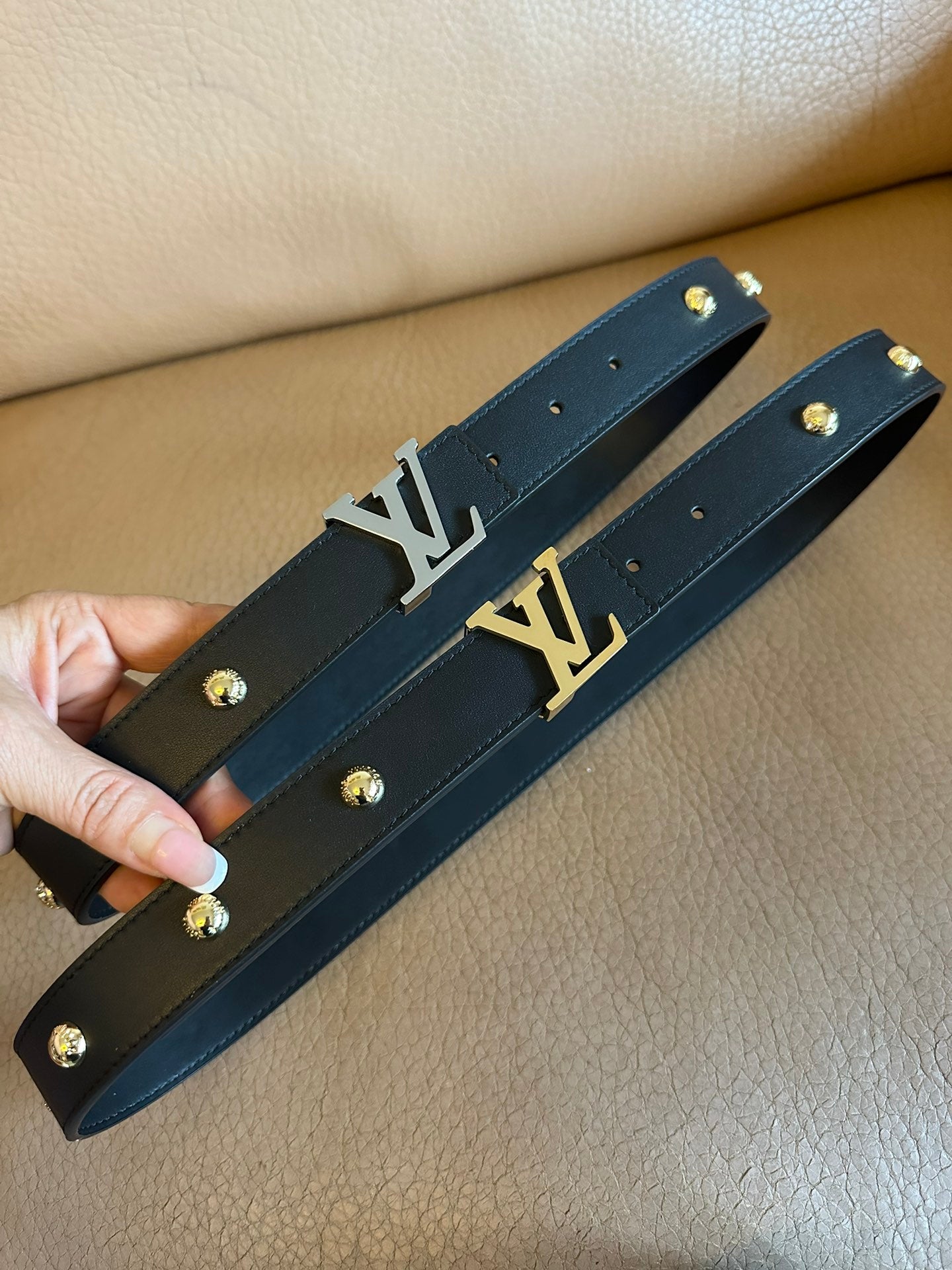 LOUIS VUITTON LV Initiales Studs 30mm Reversible Belt Gold Buckle Black Leather