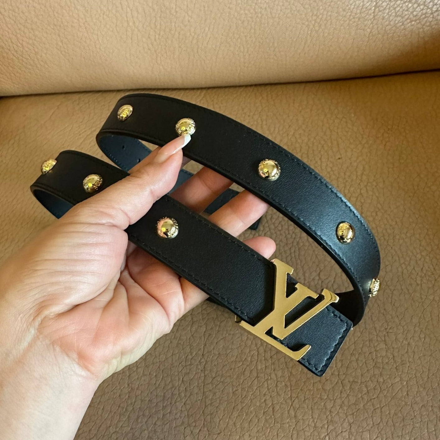 LOUIS VUITTON LV Initiales Studs 30mm Reversible Belt Gold Buckle Black Leather